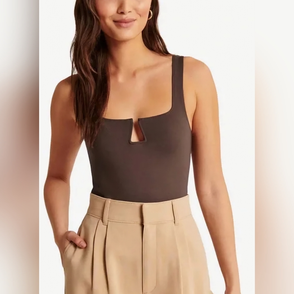 ABERCRPMBIE & FITCH Soft A&F Square neck Smooth Tank Bodysuit Tan/Brown Medium
